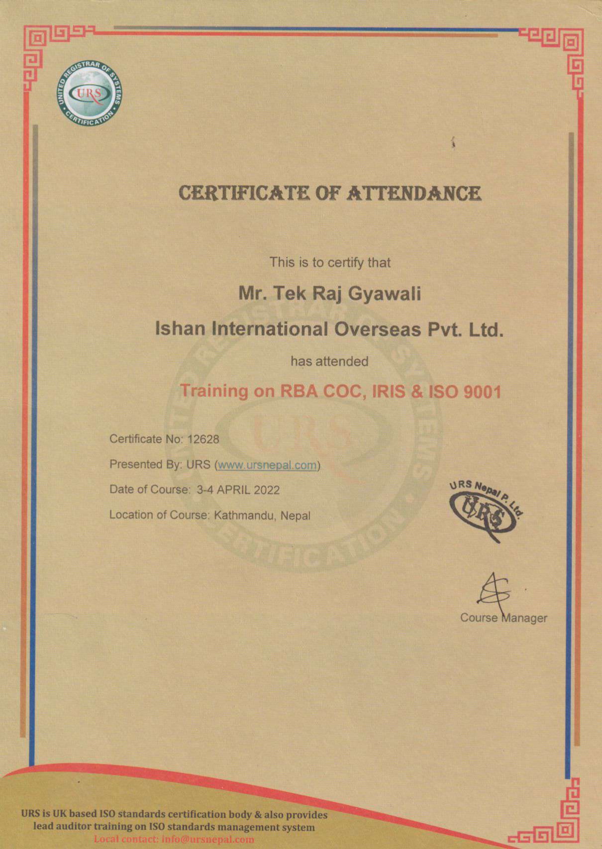 Training on RBA COC, IRIS & ISO 9001
